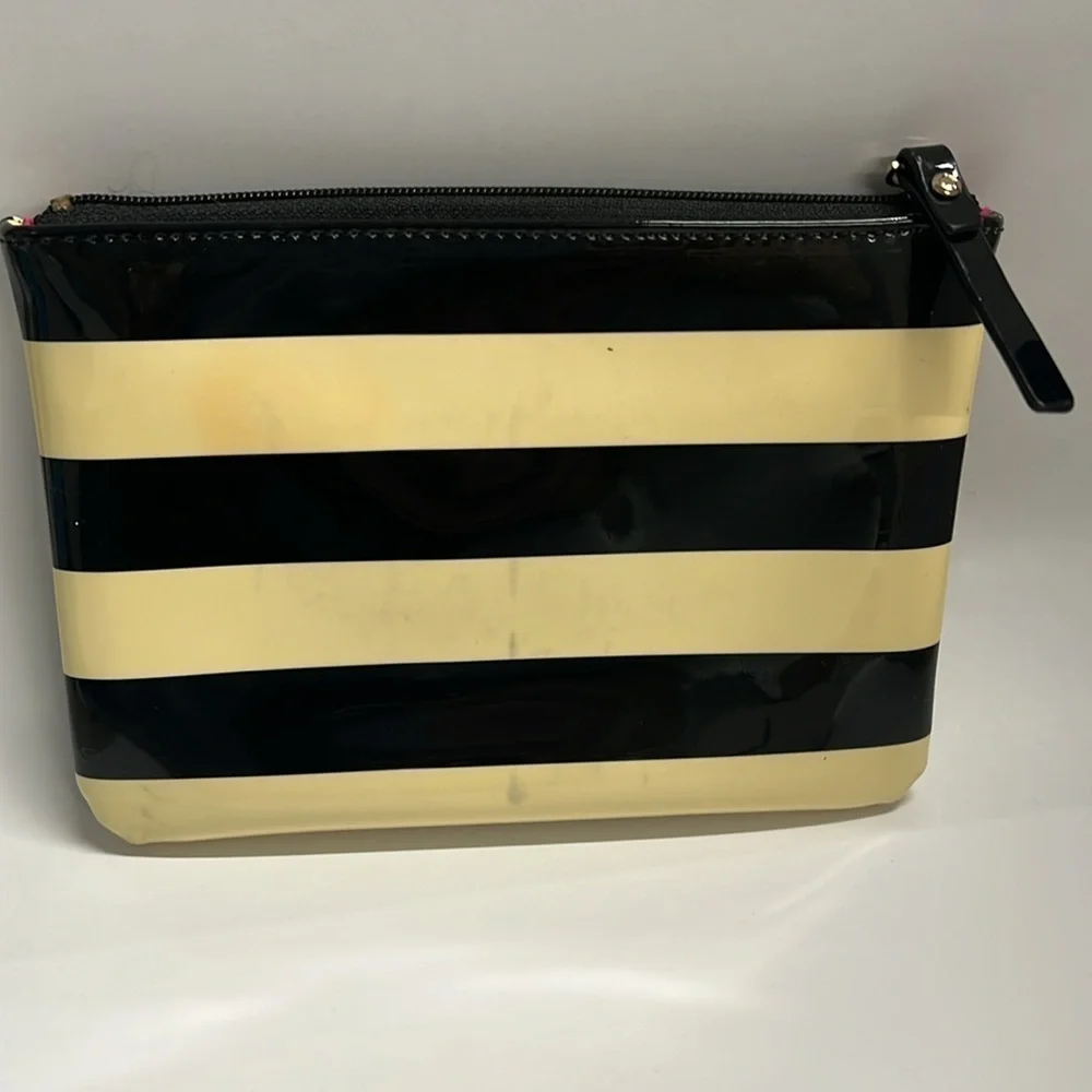 Kate Spade Patent Stripe Black Cream Zip Clutch Bag